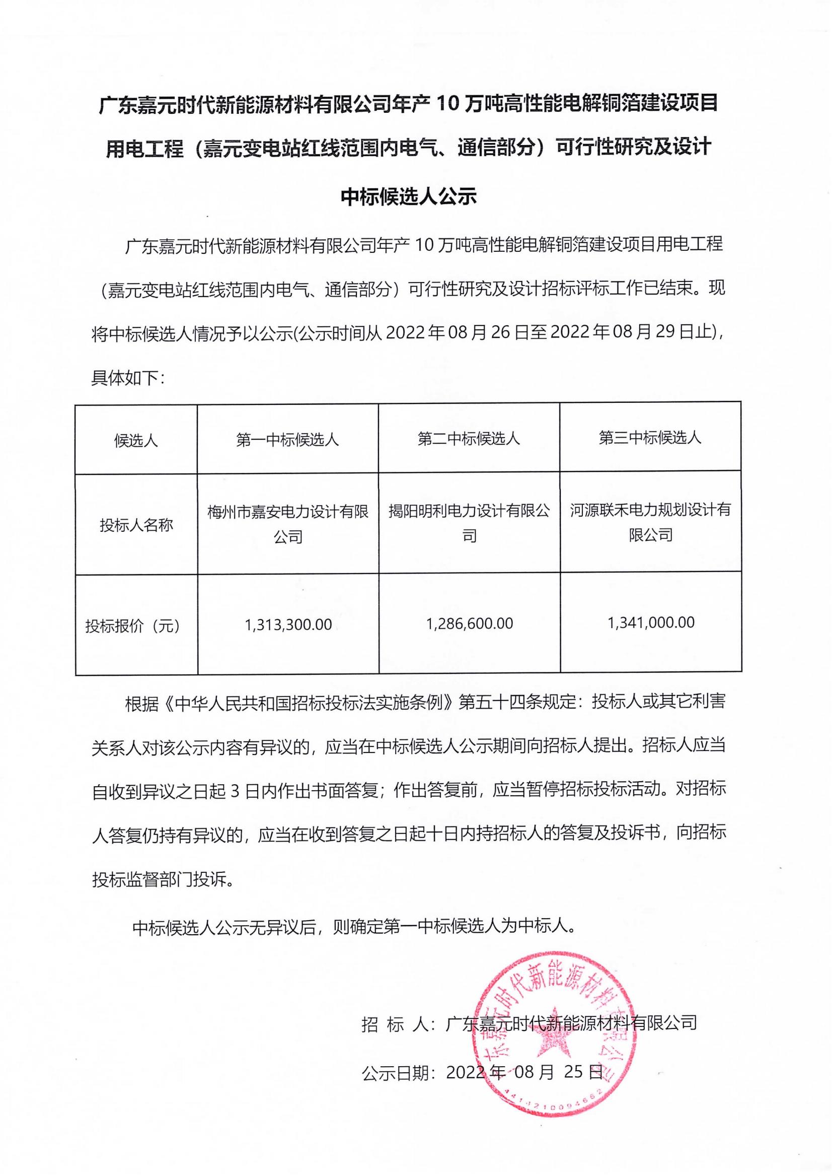 广东CG电子游戏时代新能源材料有限公司年产10万吨高性能电解铜箔建设项目用电工程（CG电子游戏变电站红线范围内电气、通信部分）可行性研究及设计中标候选人公示_00.jpg